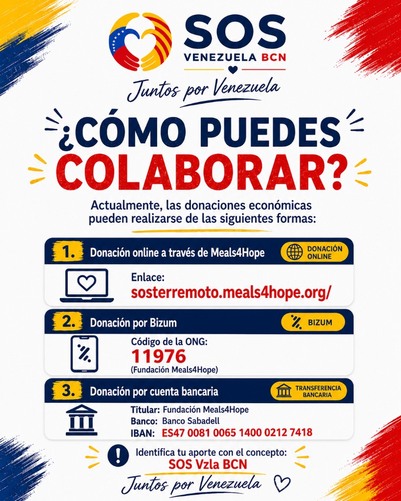 Cartel: ¿Cómo puedes colaborar? Donaciones online, Bizum y transferencia bancaria para SOS Venezuela BCN